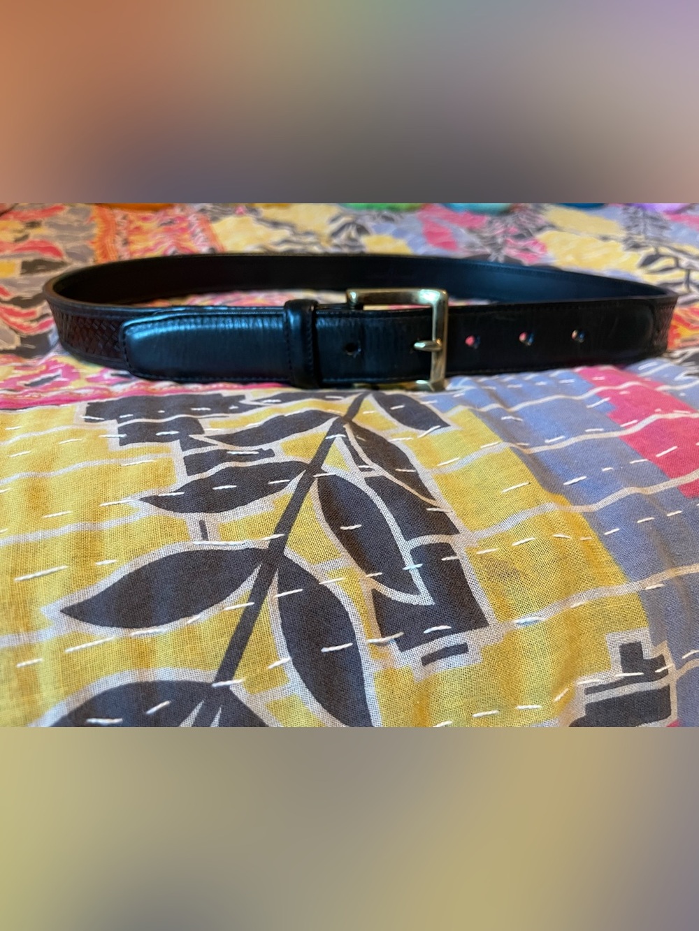 Cole Haan Woven Black Leather Belt with Solid Brass Buckle